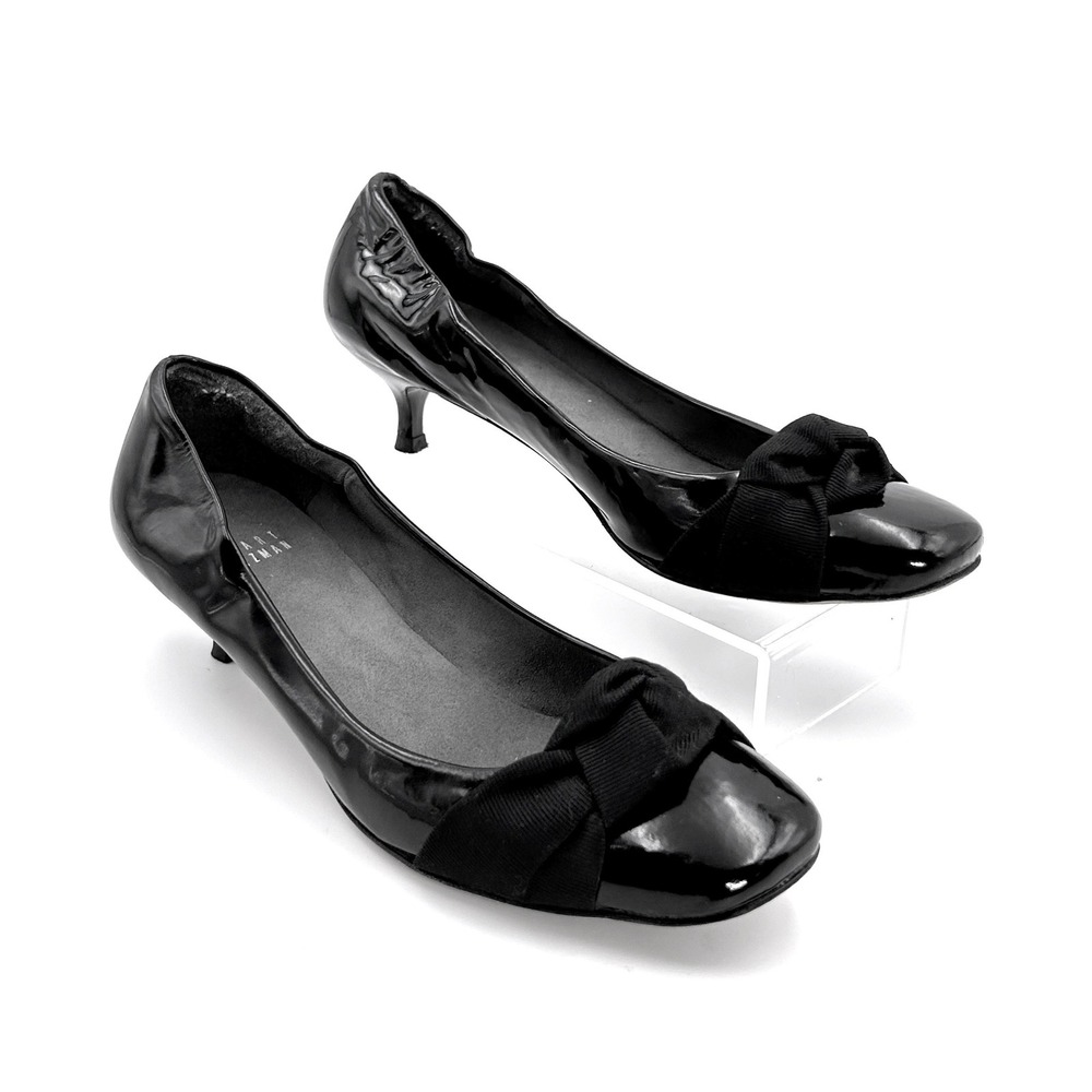 Stuart Weitzman Kitten Heels Women 8.5 Black Patent Leather Bow Office Siren